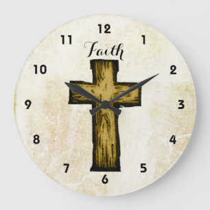 Faith Brown Wooden Cross Hope and Inspiration Large Clock