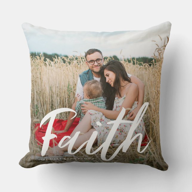 Faith Brush Script in White with Photo and Name Throw Pillow (Front)