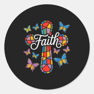 Faith Cross Butterflies And Flowers Christian  Classic Round Sticker