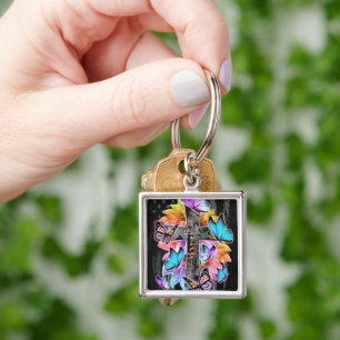 Faith Cross, butterflies and flowers Keychain