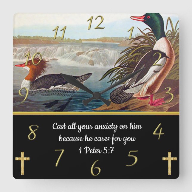 Faith cross with two ducks 1 Peter 5:7 Square Wall Clock (Front)