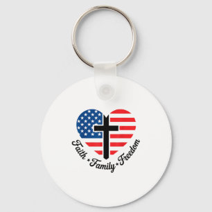 Faith Family Dom Usa Flag Cross Heart Patriotic Am Keychain