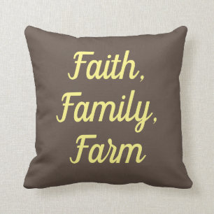 Faith, Family, Farm, saddle brown & yellow Throw Pillow