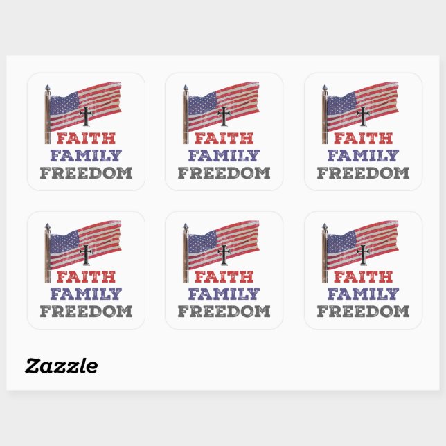 Faith Family Freedom Cross With Flag Square Sticker (Sheet)