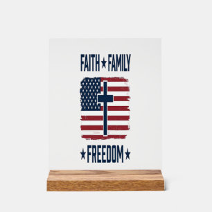 Faith Family Freedom Patriotic Cross USA Flag Vect Acrylic Sign