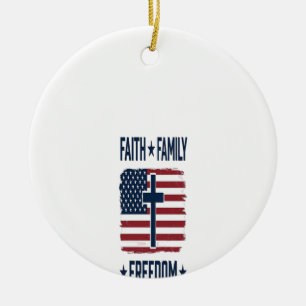 Faith Family Freedom Patriotic Cross USA Flag Vect Ceramic Ornament