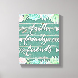 Faith, Family, Friends Aqua and Pink Succulents Canvas Print
