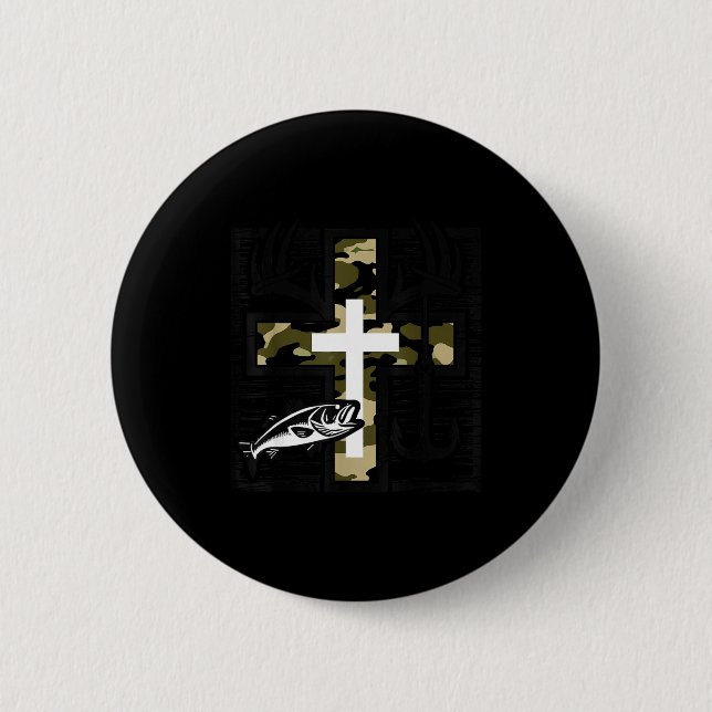 Faith Fishing Hunting Camo Cross With Hook B Chris 2 Inch Round Button (Front)