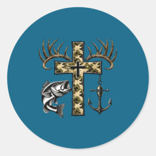 Faith Fishing Hunting Camo Cross With Hook B Chris Classic Round Sticker