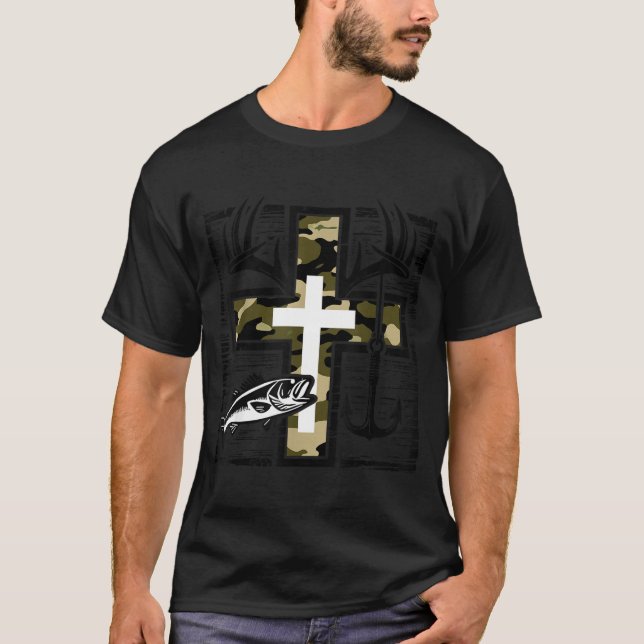 Faith Fishing Hunting Camo Cross With Hook B Chris T-Shirt (Front)