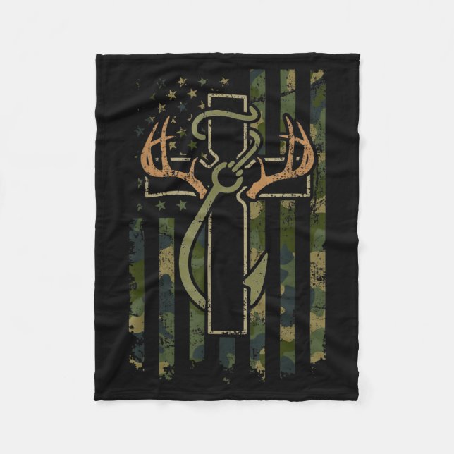 Faith Fishing Hunting Camo Us Flag Cross With Hook Fleece Blanket (Front)