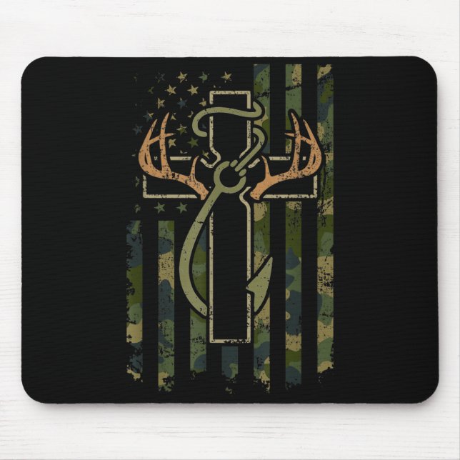 Faith Fishing Hunting Camo Us Flag Cross With Hook Mouse Pad (Front)