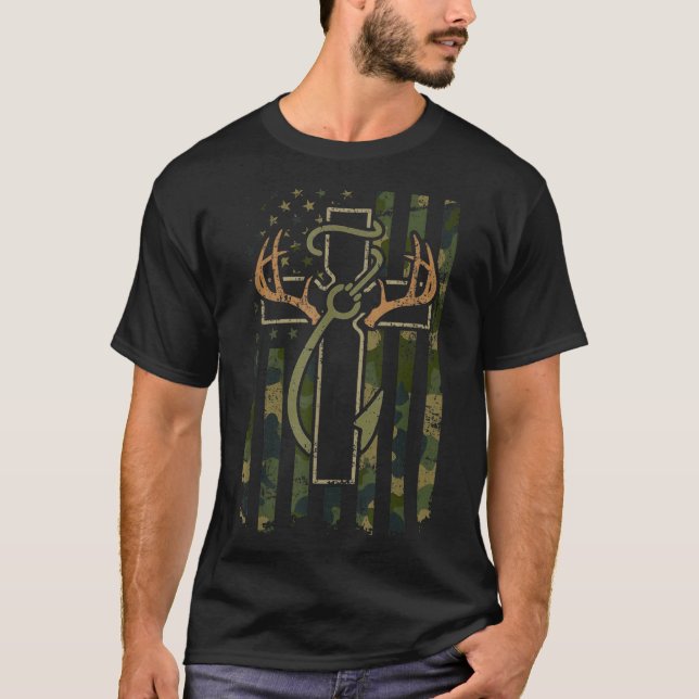 Faith Fishing Hunting Camo Us Flag Cross With Hook T-Shirt (Front)