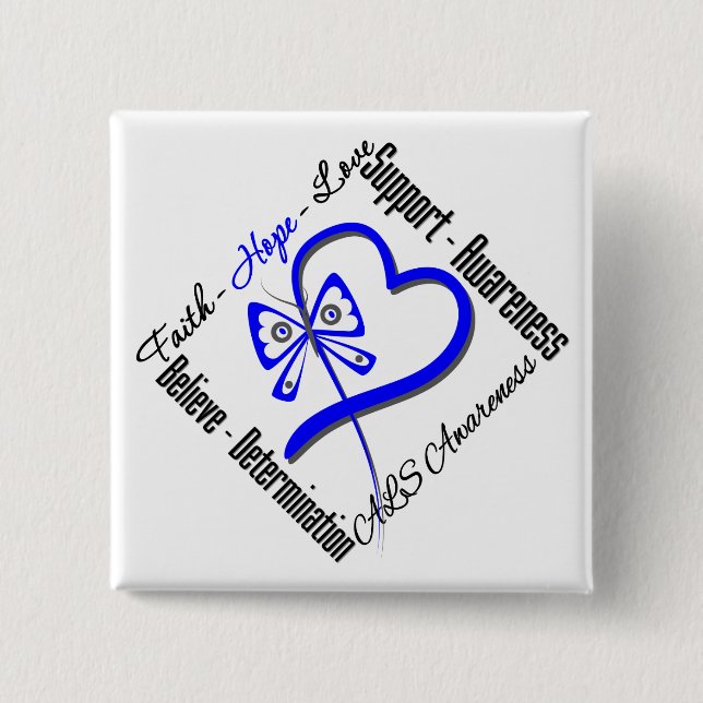 Faith Hope Love Butterfly - ALS Awareness 2 Inch Square Button (Front)