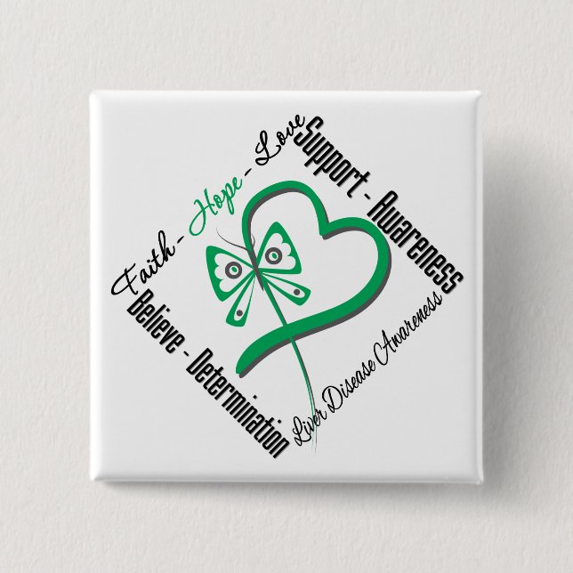 Faith Hope Love Butterfly - Liver Disease 2 Inch Square Button (Front)