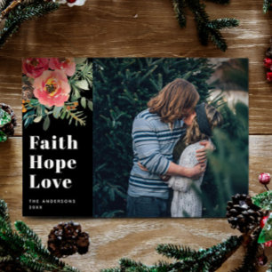 Faith Hope Love. Christmas religious floral photo Holiday Card