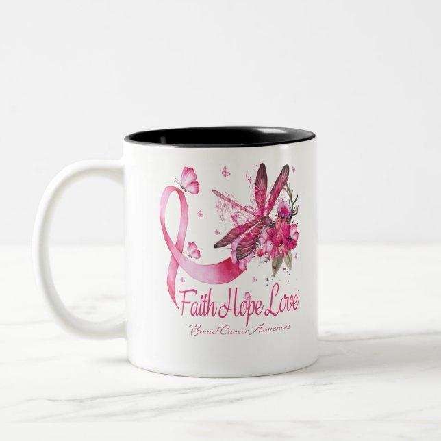 Faith Hope Love Dragonfly Ribbon Breast Cancer Two-Tone Coffee Mug (Left)