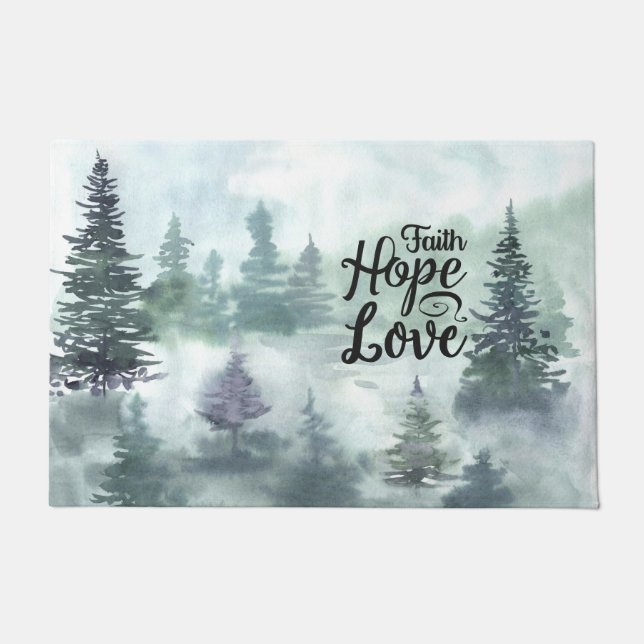 "Faith Hope Love" Evergreen Trees Inspirational Doormat (Front)