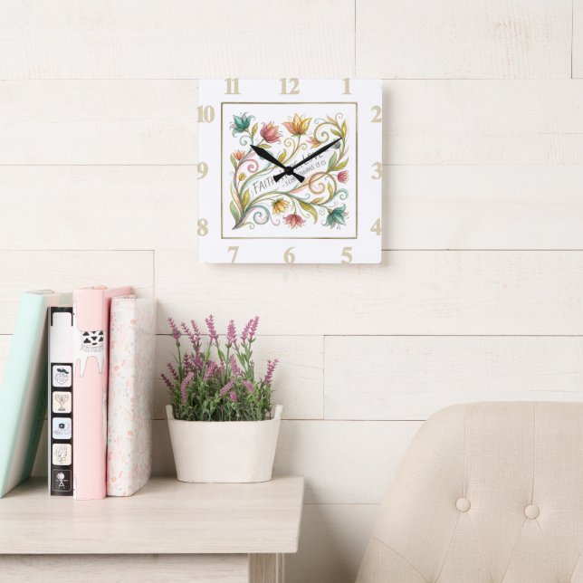 Faith Hope Love floral Square Wall Clock (Reading Room)