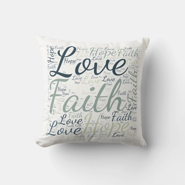 Faith Hope Love Green Blue Word Cloud Throw Pillow (Front)