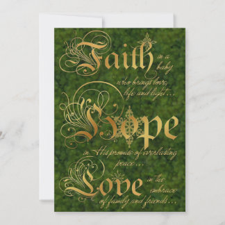 Faith, Hope, Love Green Gold Photo Christmas Card