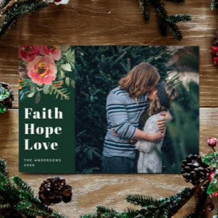 Faith Hope Love   Green Religious Christmas Photo Holiday Card