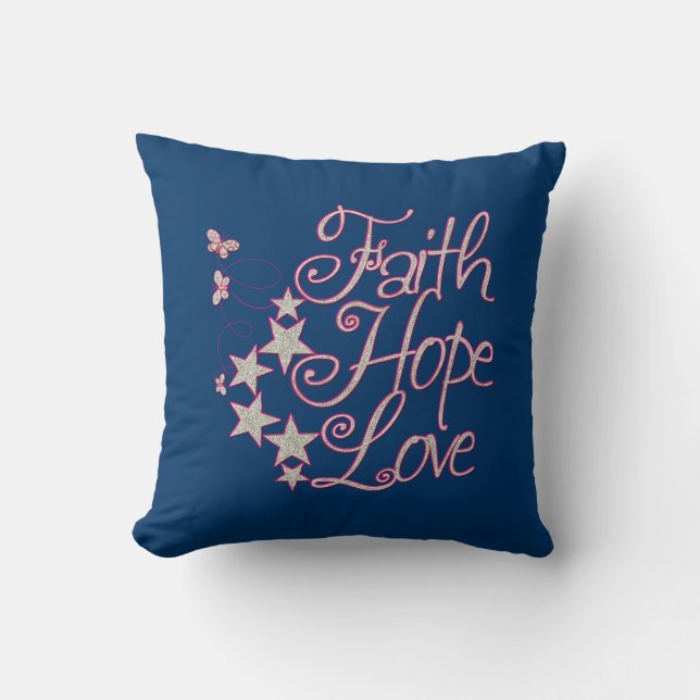 Faith Hope Love Hot Pink Grey Navy Blue Throw Pillow (Front)