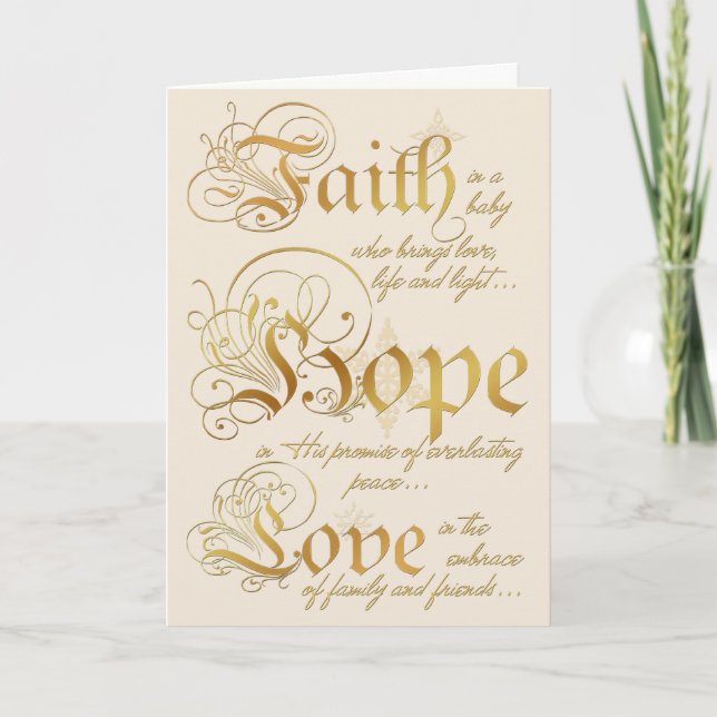 Faith, Hope, Love Ivory and Gold Christmas Card (Front)