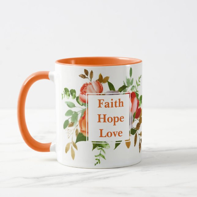 Faith Hope Love orange watercolor flowers Monogram Mug (Left)