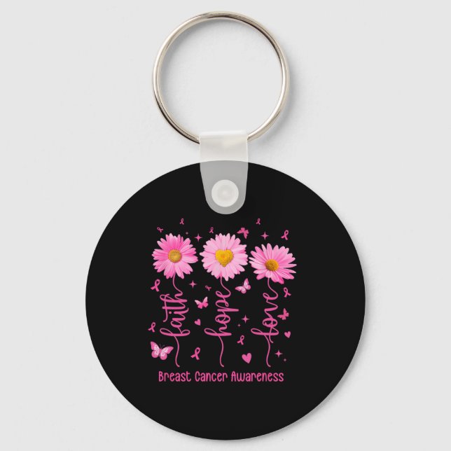 Faith Hope Love Pink Ribbon Breast Cancer Awarenes Keychain (Front)