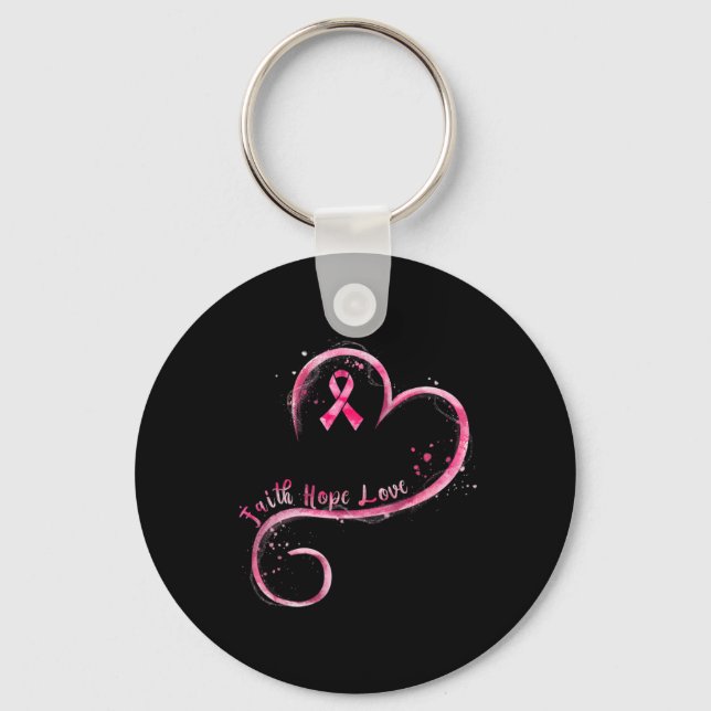 Faith Hope Love Pink Ribbon Breast Cancer Awarenes Keychain (Front)