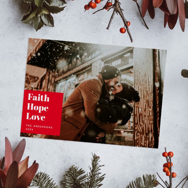 Faith Hope Love. Red Christmas religious photo Holiday Card (Creator Uploaded)
