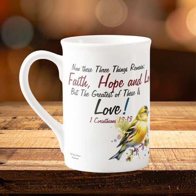 Faith, Hope, Love Scripture Modern Bone China Mug (elegant scripture Mug you can customize according to the version of this scripture you prepare!)