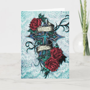 Faith in Love cross and roses in tattoo style. Card