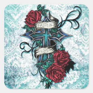 Faith in Love cross and roses in tattoo style. Square Sticker