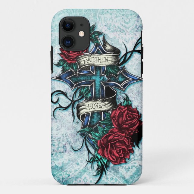 Faith in Love Roses and cross art on blue base Case-Mate iPhone Case (Back)