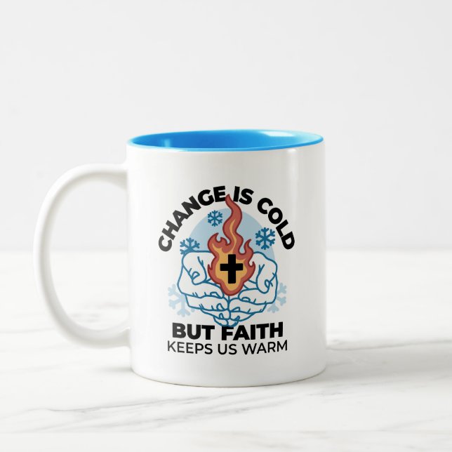 Faith Keeps Us Warm -  Uplifting Winter Artwork Two-Tone Coffee Mug (Left)