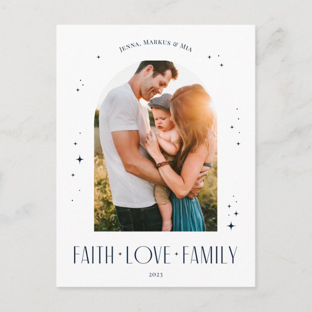 Faith Love Family Modern Arch Christmas Blue Holiday Postcard (Front)