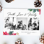 Faith Love Family. Religious Christmas floral Holiday Card<br><div class="desc">Religious Christmas Holiday script card "Faith Love and Family" with collage of photo and watercolor pink floral poinsettia and pine branch.</div>