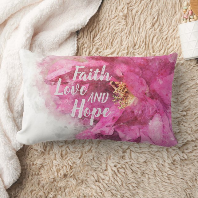 Faith Love & Hope Pink Floral Lumbar Pillow (Blanket)