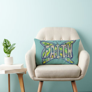 Faith Mot Art Bleu Papillon Accent Jeter Oreiller