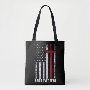 Faith Over Fear American USA Flag Christian Cross  Tote Bag