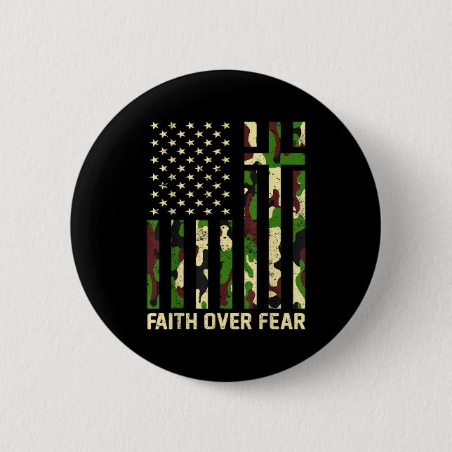 Faith Over Fear Christian Americn Flag Camouflage  2 Inch Round Button (Front)