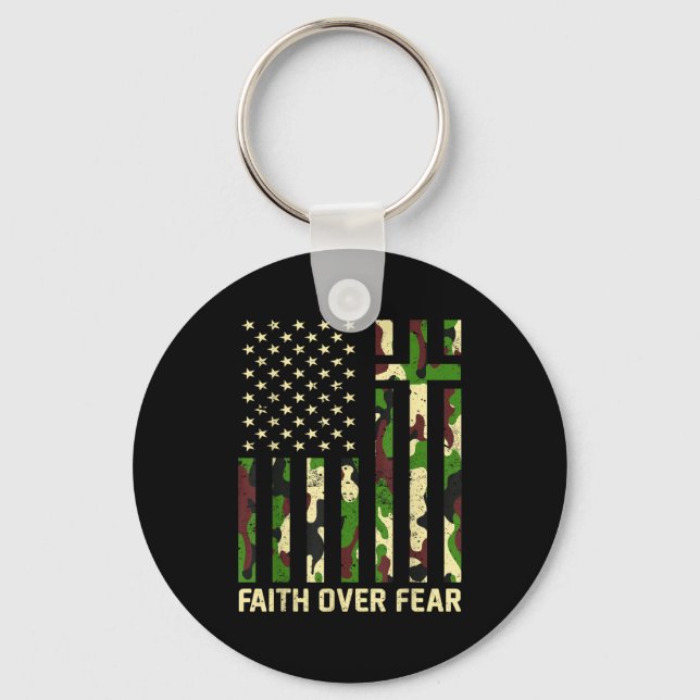 Faith Over Fear Christian Americn Flag Camouflage  Keychain (Front)