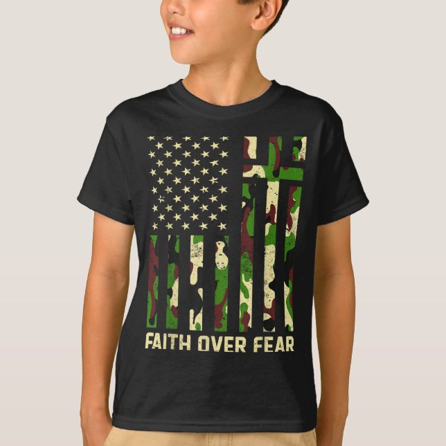 Faith Over Fear Christian Americn Flag Camouflage  T-Shirt (Front)