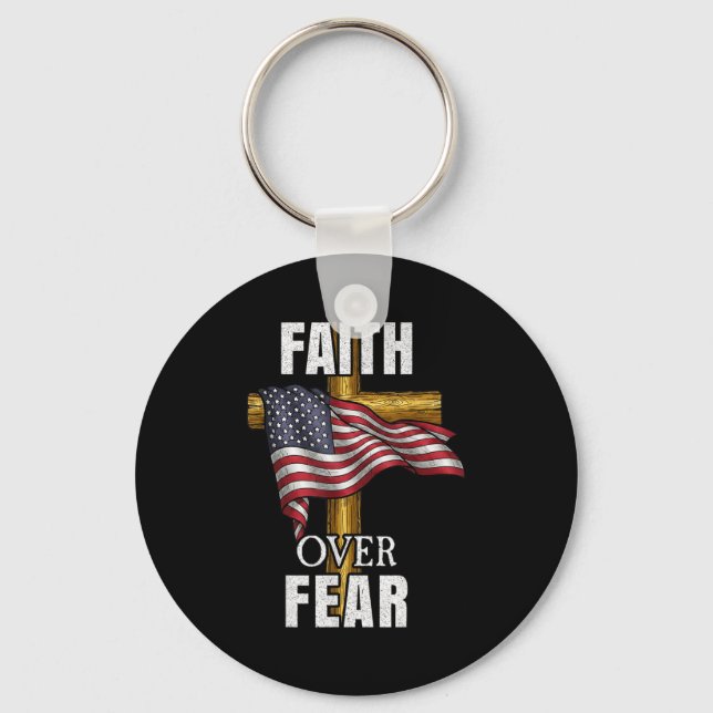 Faith Over Fear Christian Cross American Flag Tee  Keychain (Front)