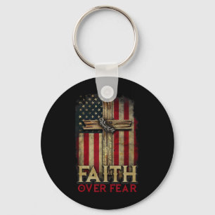 Faith Over Fear Christians Cross Usa American Flag Keychain