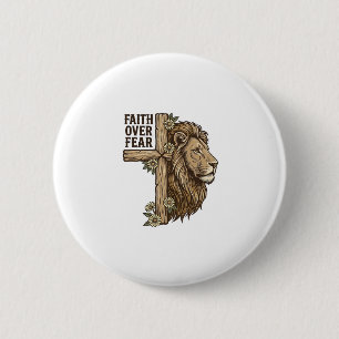 Faith Over Fear Lion Cross Vintage Christian Shirt 2 Inch Round Button