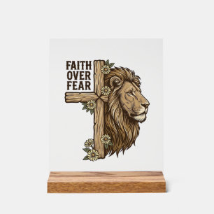Faith Over Fear Lion Cross Vintage Christian Shirt Acrylic Sign