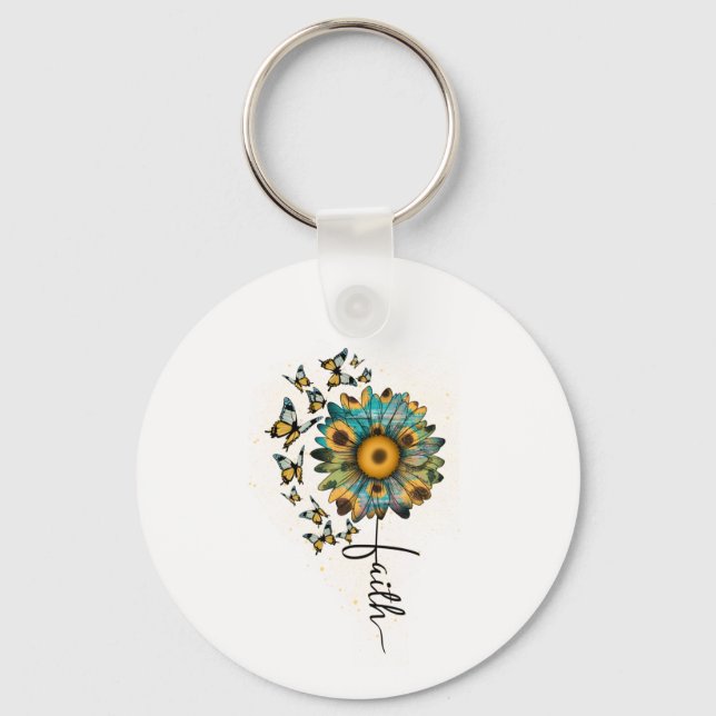 Faith Sunflowers Butterflies Christian Religious  Keychain (Front)